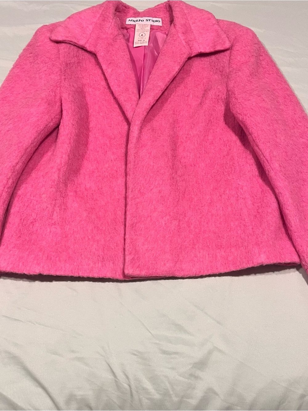 Vintage Adolfo Studio pink mohair blend open-front jacket, Sz 14